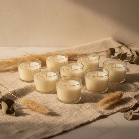 Velas de té artesanales en recipiente transparente con cera natural