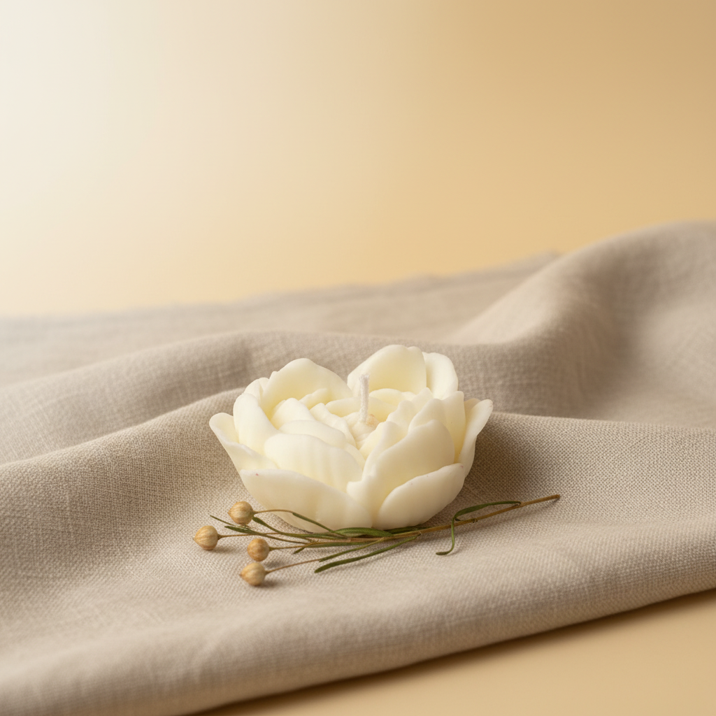 Vela Decorativa Flor Corazón sobre tela de lino con fondo beige cálido